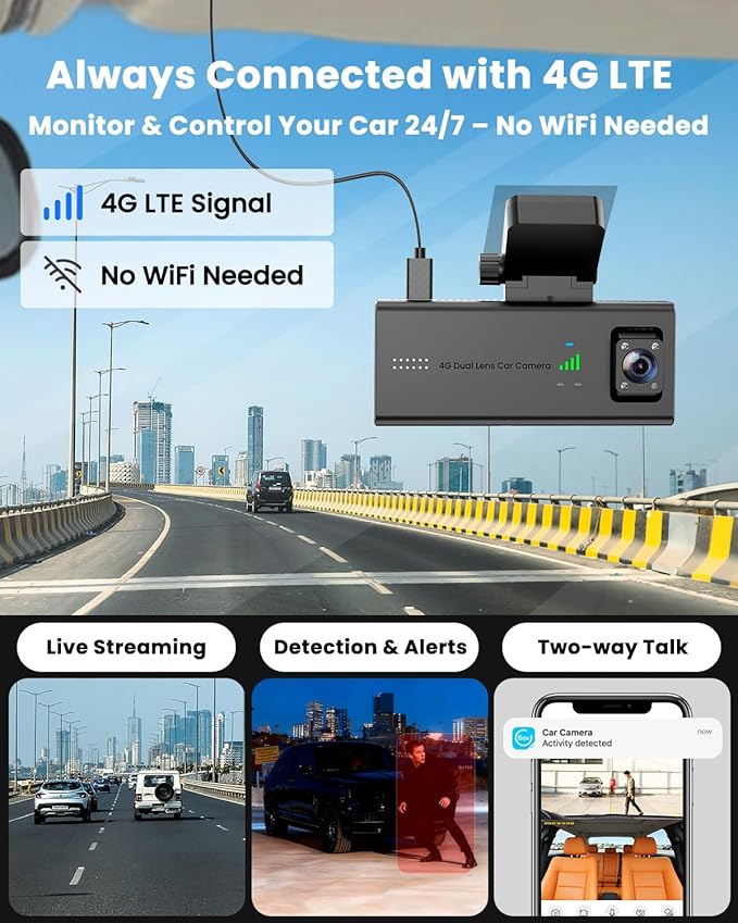 4G LTE Dash Cam with SIM Card, Live Streaming Car Security Camera Front & Cabin, 170° Wide Angle, Remote Viewing, 24/7 Parking Mode, AI Motion Alerts, 2-Way Talk, Anti-Theft & Vandalism Protection