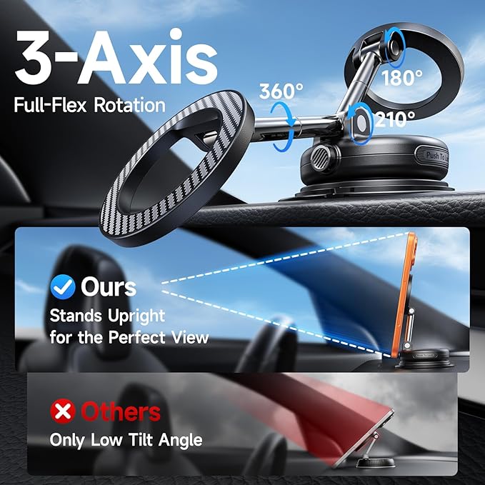 NeverFall Car Phone Mount for MagSafe, 89lbs Vacuum Suction, Strong Magnetic Dashboard & Windshield Mount, 360° Adjustable Phone Holder for iPhone & All Phones, Carbon Fiber