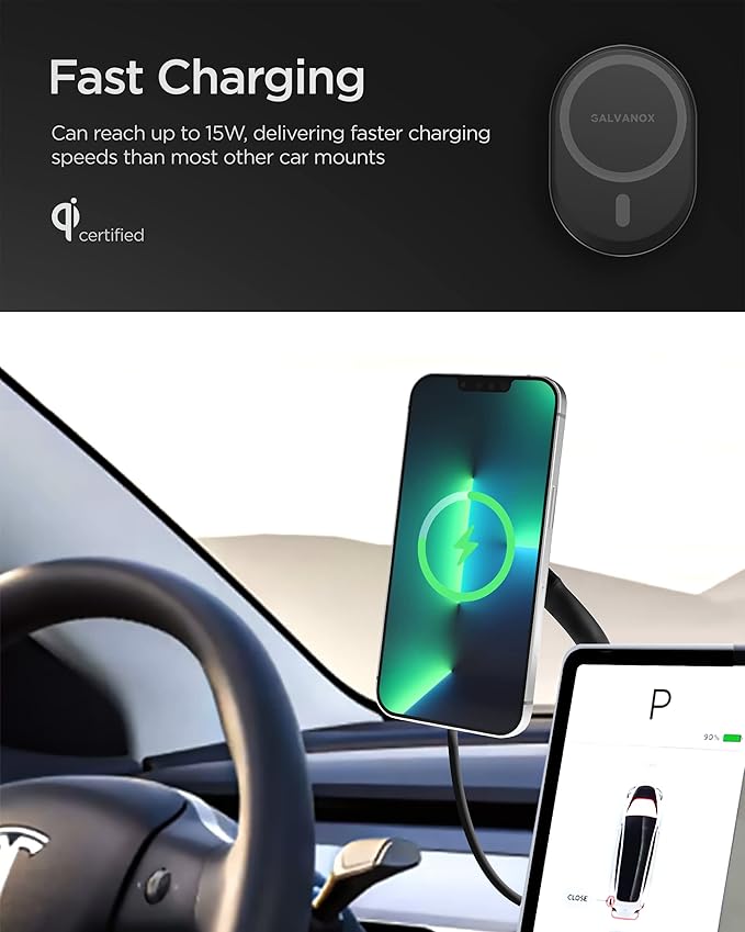 GALVANOX Phone Holder for Tesla Model 3 / Model Y - Magnetic Car Mount with Wireless Charging (Compatible with MagSafe)