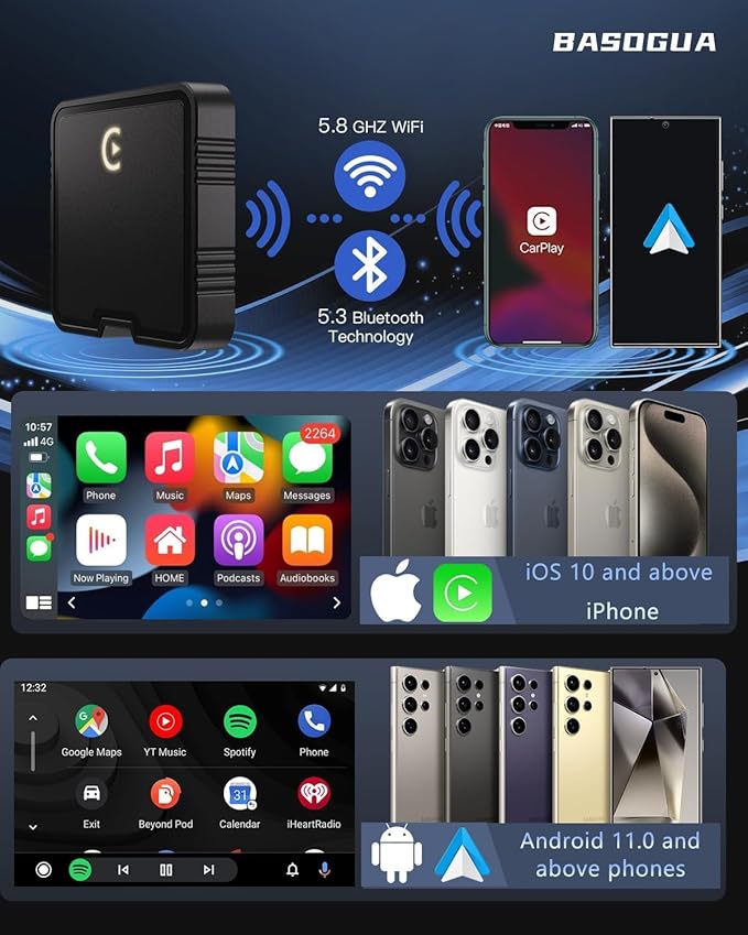 Wireless CarPlay Adapter AI Box for iPhone & Android Auto – YouTube & Netflix Support, TF Card Offline Playback, Plug and Play, Wired to Wireless Conversion, Stable 5.8GHz WiFi & Bluetooth 5.3