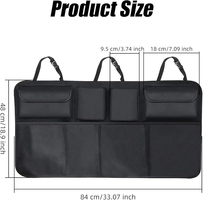 Car Trunk Organizer, Backseat Hanging Trunk Organizers and Storage, Waterproof Collapsible Cargo Storage Bag with 4 Pockets & 4 Mesh Pouches, Car Interior Accessories for SUV, Truck (Black)