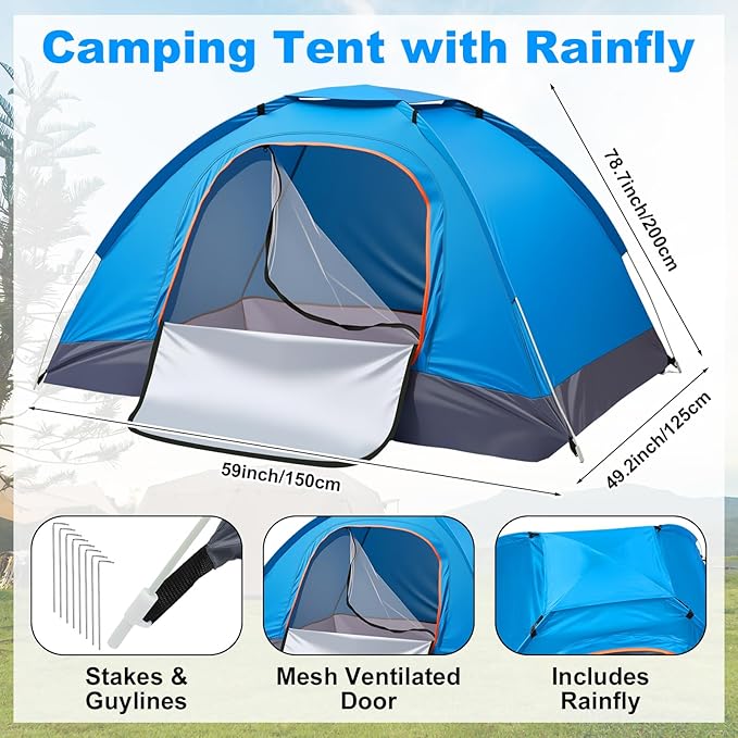 11 Pcs Camping Tent Set for Beginners, Complete Outdoor Travel Gear with Tent Sleeping Bag Stainless Steel Mess Kit Waterproof Tarp for Backpacking, Road Trips, Beach, & Backyard Adventure
