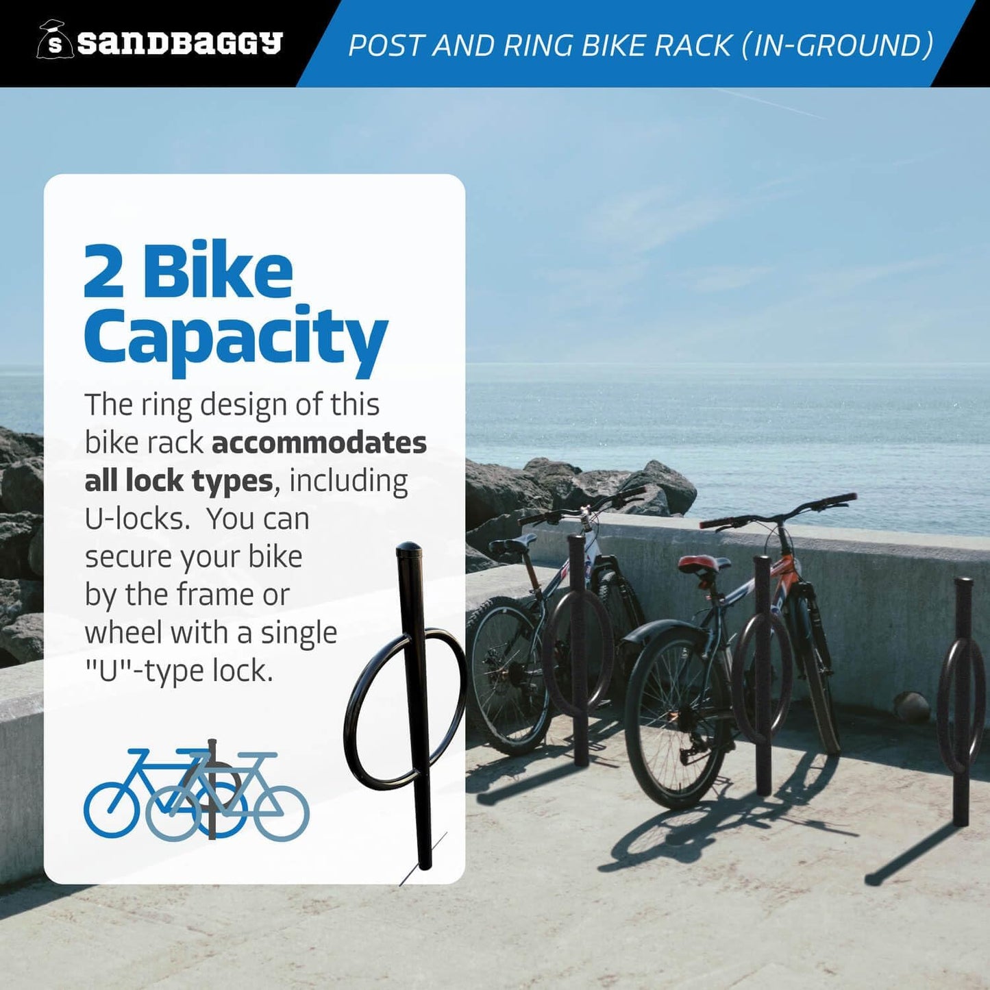 Sandbaggy Post and Ring Bike Rack - Commercial Outdoor Bike Parking Racks (In-Ground, 2)