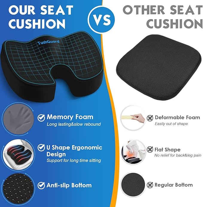 TushGuard Seat Cushion for Office Chair Memory Foam Non-Slip Cushion Back, Coccyx, Sciatica, Tailbone Pain Relief Butt Pillow for Office Chair, Car, Wheelchair, Black, XX-Large