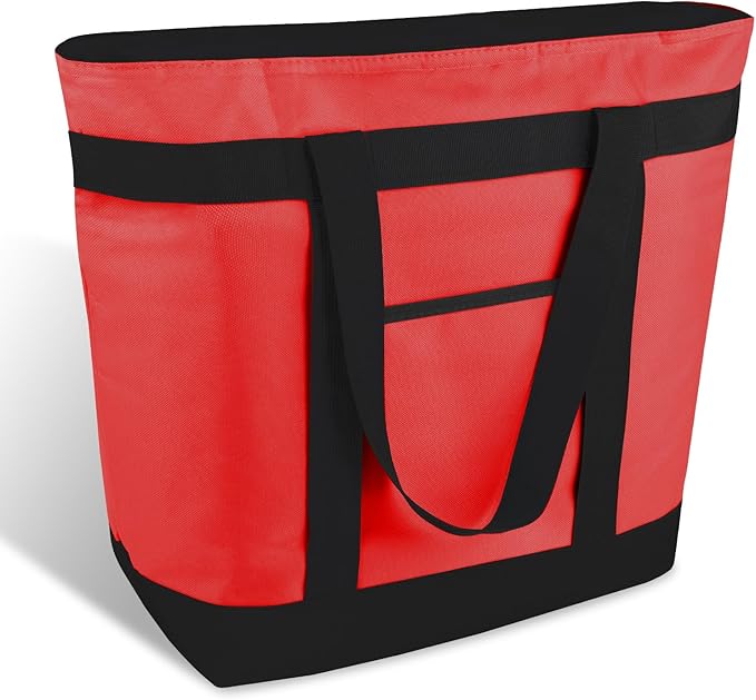 mosago Insulated Grocery Tote Bags, Large Reusable Cooler Bags with Zipper, Leakproof Thermal Shopping Bags for Food Delivery, Beach, Travel, Uber Eats & Picnic, Collapsible Personalized, Red