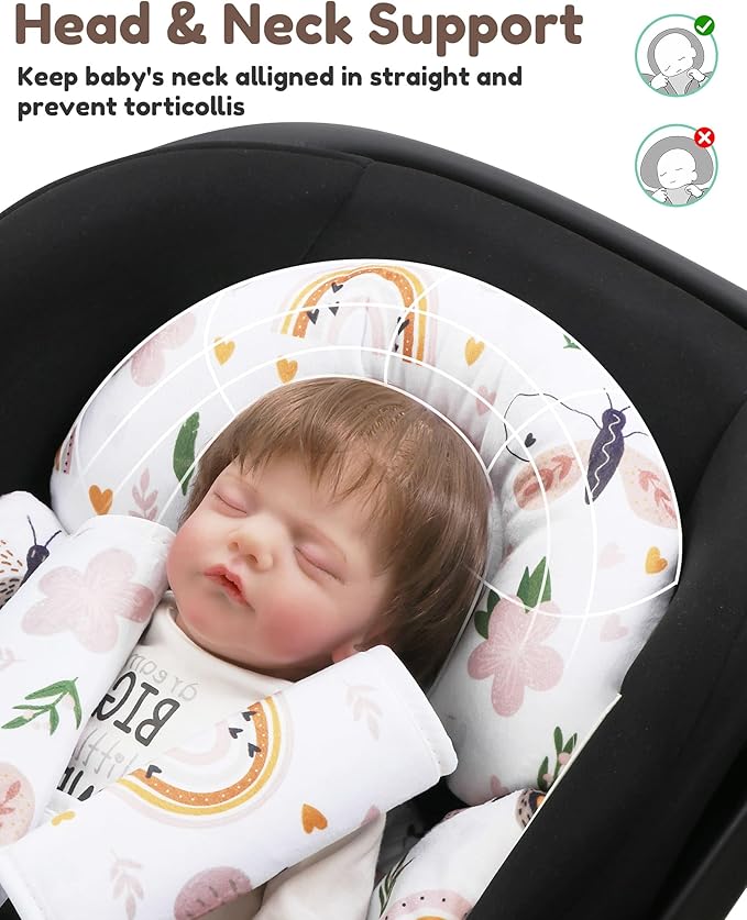 Infant Insert, Enlarged Head Support for Baby, Reversible Newborn Insert with 3 Strap Covers, 2-in-1 Baby Cushion for Stroller, Swing, Bouncer, Rocker - Brown Rainbow