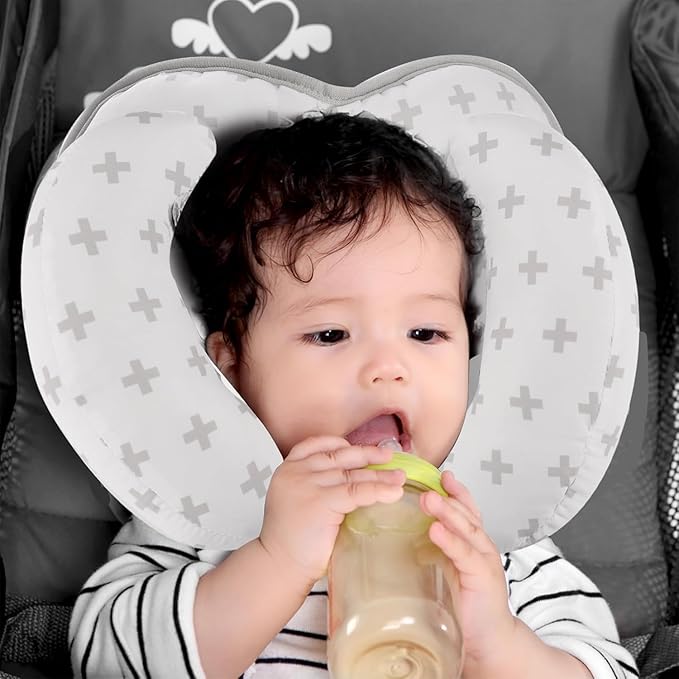 KAKIBLIN Baby Neck Pillow for Head, 2 in 1 Travel Pillow Baby Car Seat Head Support Banana Neck Pillows for Infants Small Boys and Girls,Support for Stroller, Grey Cross