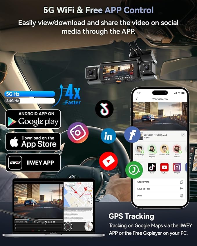 IIWEY 4 Channel Dash Cam 360° View, STARVIS 2 Front 2.7K Rear 2K Inside 1080P x2, 8IR LEDs Night Vision 3.0, PlateTag AI for Plate Clarity, 5GHz WiFi GPS, Voice Control, 24/7 Parking Mode, 128GB Card