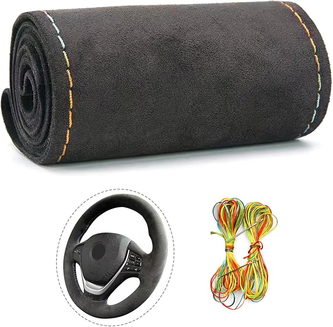 Suede Leather Steering Wheel Cover Wrap Kit - DIY Stitch-On for 18-19" Wheels, Superior Sweat Absorption & Non-Slip Grip, Comfortable & Durable Year-Round Upgrade