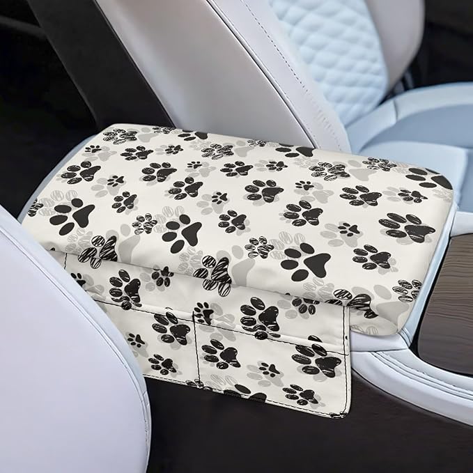 Dreaweet Cute Center Console Cover Black Dog Paw Print Car Arm Rest Cover Pad with Pockets Soft Comfy Thick Armrest Cover Universal Fit Auto Accessories Interior for Women