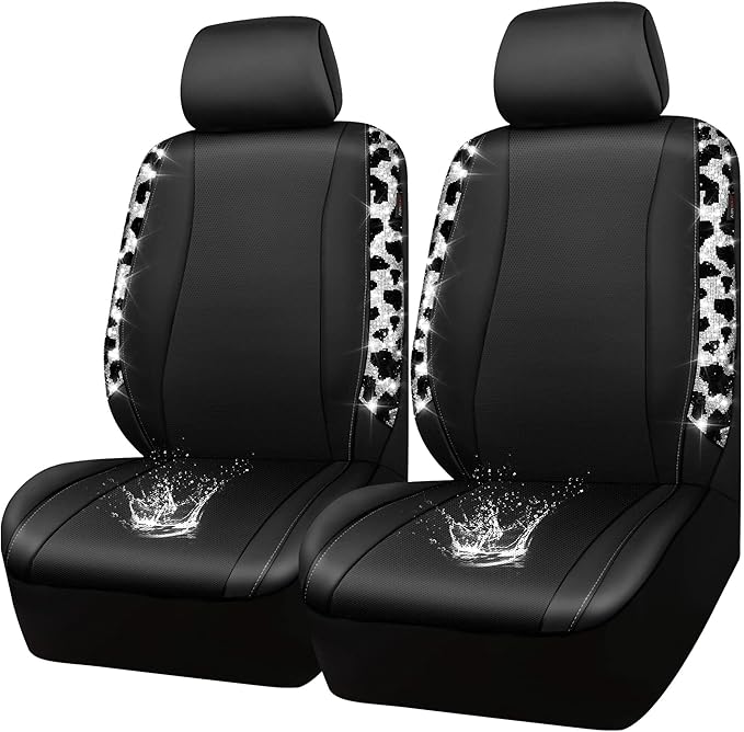 CAR PASS Cow Diamond Leather Bling Car Seat Covers Universal, Faux Shining Rhinestones Two Front only, Fit 95% Automotive Glitter Crystal Sparkle Strips for Cute Women Girl, 2PCS Cow Silver Diamond