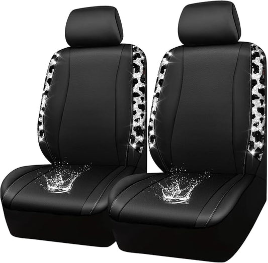 CAR PASS Cow Diamond Leather Bling Car Seat Covers Universal, Faux Shining Rhinestones Two Front only, Fit 95% Automotive Glitter Crystal Sparkle Strips for Cute Women Girl, 2PCS Cow Silver Diamond
