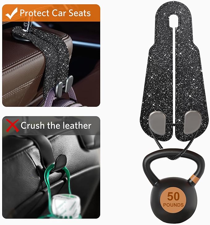CoBak Purse Hook for Car - Universal Premium Stitched Leather and Aluminum-Magnesium Alloy Double Car Seat Back Storage Hook for Purses, Handbags, Bags (2 Pack),Glitter Black