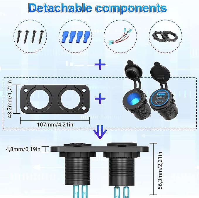 Upgraded 78W 3 Port 12V 24V USB Outlet Cigarette Lighter Socket Panel, Dual 30W PD and QC3.0 Multi Port Cylinder Charger with Button Switch and 150W Lighted Socket 2 in 1 DIY Kit for Car Boat RV, etc.