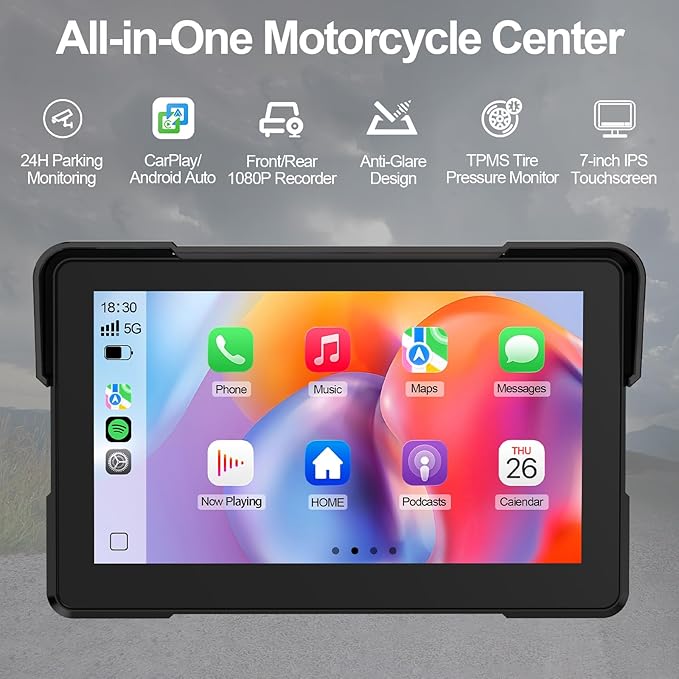 Artman Motorcycle Dash cam Front and Rear, 7'' IPS Touch Screen, Portable Motorcycle Carplay for Apple Carplay and Android Auto GPS Navigation System, TPMS Compatible, IP67 Waterproof & 64G SD Card