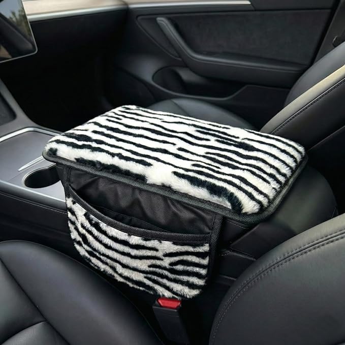Plush ZebraPrint Car Center Console Cover with Side Pockets, Fluffy Armrest Cushion Pad,Soft Zebra Car Interior Decorations Accessories with Storage for Women,Universal Fit for Vehicles SUV Truck