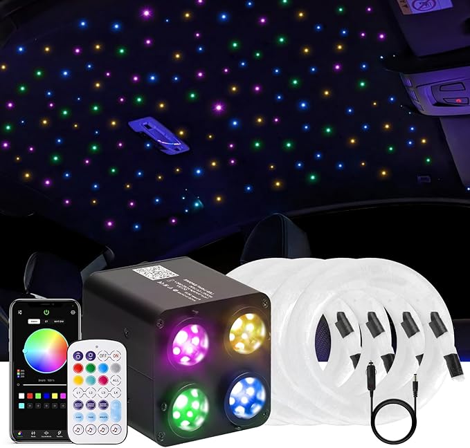36W 4-Color RGBW Car Starlight Headliner Kit, 1800pcs0.03in13.1ft, Twinkle & Sound Activate 4-Port Fiber Optic Light Engine with Bluetooth APP&Remote Control, Star Lights for Car and Home