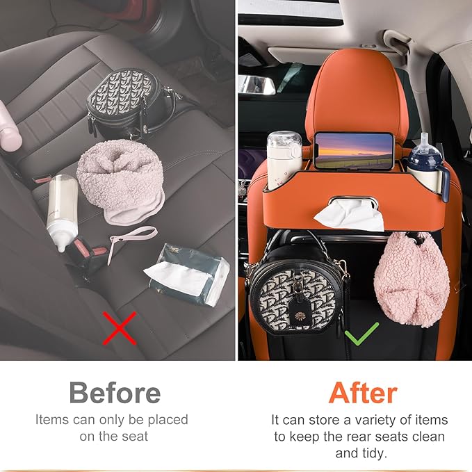 Car Rear Backseat Extra Multifunctional Drink Cup Holder Organizers with Tissue Storage Box Organizer & Hooks for Car Seat Back. Orange