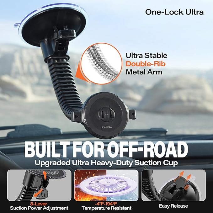 A2C One-Lock Ultra Off-Road Truck Phone Mount, Magnetic Alignment with Automatic Dual-Latch Locking System, One-Hand Quick Release, 4.33" Heavy-Duty Vacuum Suction Cup, Anti-Shake Double-Rib Metal Arm
