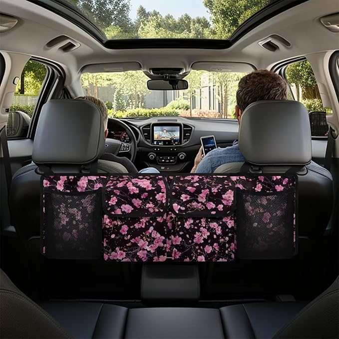 Car Trunk Organizer and Storage, Cherry Blossom Large Capacity Backseat Hanging Storage with 4 Storage Bag Car Accessories, Backseat Car Organizer Universal for Cars, Truck, vans