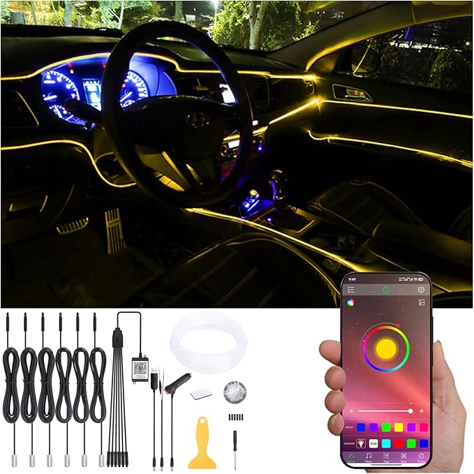 8 Meters Optic Fiber Car Ambient Lighting with Bluetooth App Control 64 Colors Multicoloured Music Interior Lighting Kit DC 12V 1W