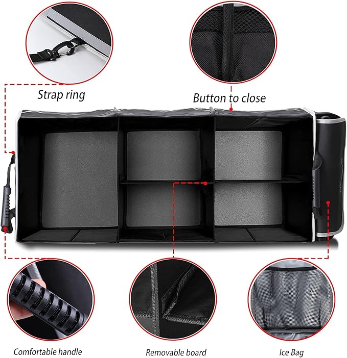 Homeve Trunk Organizer, Car Storage, Reinforced Handles, Collapsible Multi-Compartment, Foldable, Waterproof, Sturdy, 600D Oxford Polyester For Car, SUV, Mini-Van, Black-Large, 3 Compart