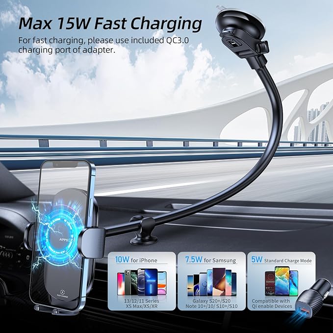 APPS2Car Wireless Car Charger 15W Fast Charging Car Phone Holder Charger Wireless Car Charger Mount for Dashboard Windshield Air Vent Compatible with iPhone 15 Pro Max Plus 14 13 12 Samsung LG & More