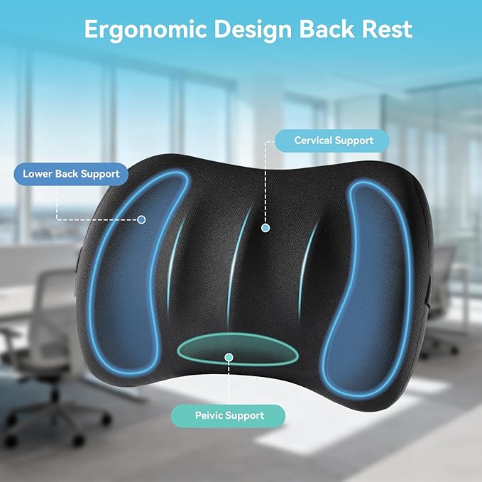 Lumbar Support Pillow for Car Seat and Office Chair, Memory Foam Back Cushion with Breathable Cover and Adjustable Straps for Driving, Ergonomic Orthopedic Back Rest Lower Back Support, Black