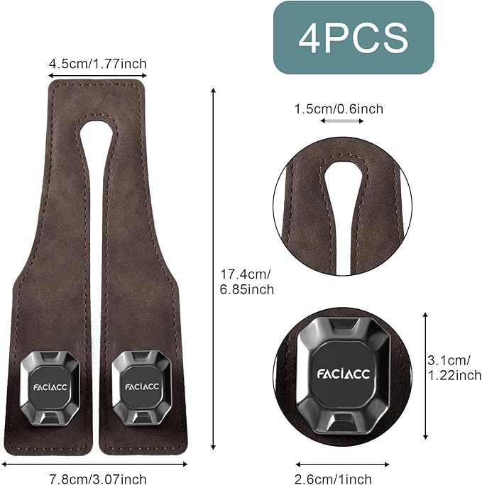 FACIACC 4 Pack Car Seat Headrest Hooks, Purse Hook for Headrest Universal Double Car Headrest Hooks Accessories Backseat Hanger Bag Holder Storage Hanger for Handbag Purse Coat Bags, Brown