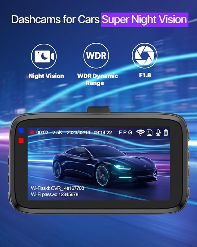Dash Cam Front and Rear, 2.5K Dual Dash Camera W/ 64GB Card,3" IPS Screen Dash Cam Built-in 5G WiFi, Car Camera with G-Sensor, Loop Recording, Night Vision, 24H Parking Monitor,170°Wide Angle