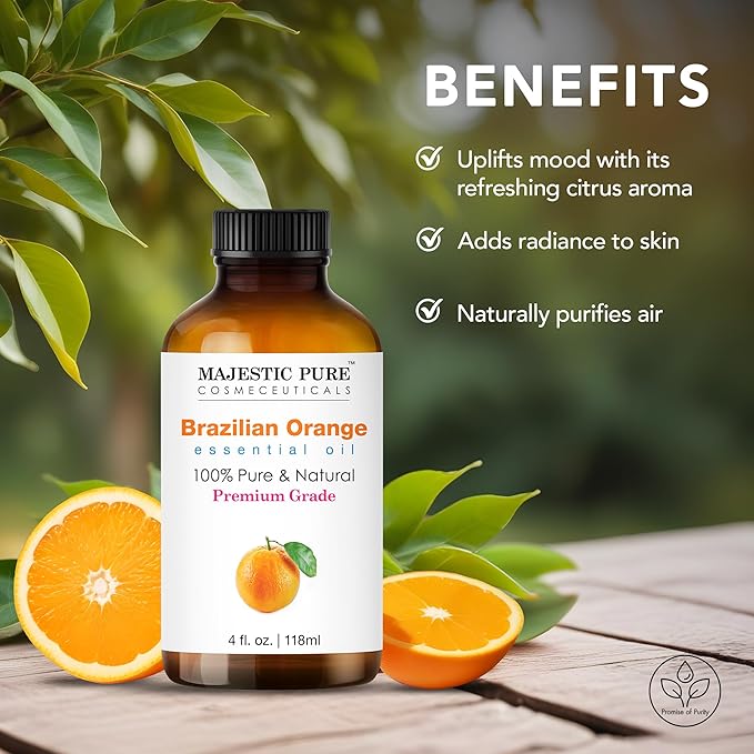 Majestic Pure Essential Oil with Glass Dropper - 100% Pure and Natural - Essential Oils for Diffuser, Aromatherapy, Soap and Candle Making, Brazillian Orange Essential Oil, Orange Oil, 4 Fl Oz