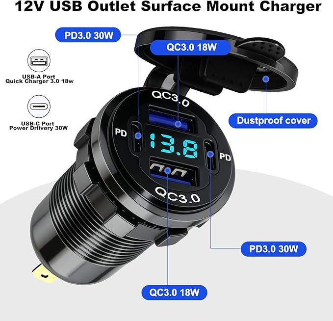 DC 12V Die Cut Mount USB Charger Aluminum Charger 4 USB Ports Dual PD and Dual QC Ports with Voltage Display Meter for Car, RV, Boat, Motorcycle and Panel Mount