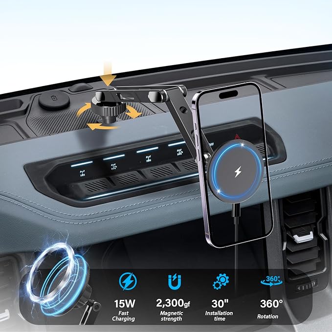 Wireless Charging Phone Mount for Ford Bronco 2021-2026 2/4 Door, Aluminum Alloy Phone Holder, Magnetic Wireless Charger for Ford Bronco, for Ford Bronco Accessories with C-C Cable