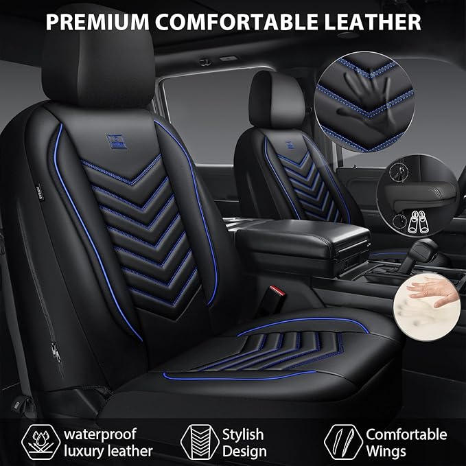 CAR PASS 3D Foam Faux Leather Car Seat Covers Full Set, Waterproof Leather Seat Cover for Cars, Luxury Universal Fit for SUV Truck Sedan Automotive, Armrest Airbag Compatible Anti-Slip, Black and Blue