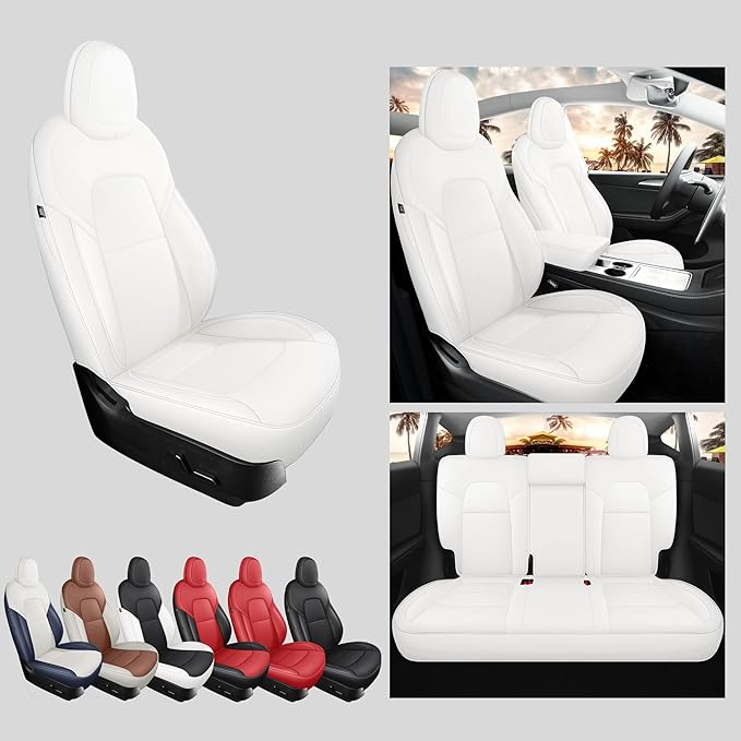 Tesla Model Y Seat Covers White Tesla Car Seat Cover 12pcs Waterproof Nappa Leather Seat Cover Fully Wrapped Customized for Tesla Model Y 2020-2024 (TY-White)