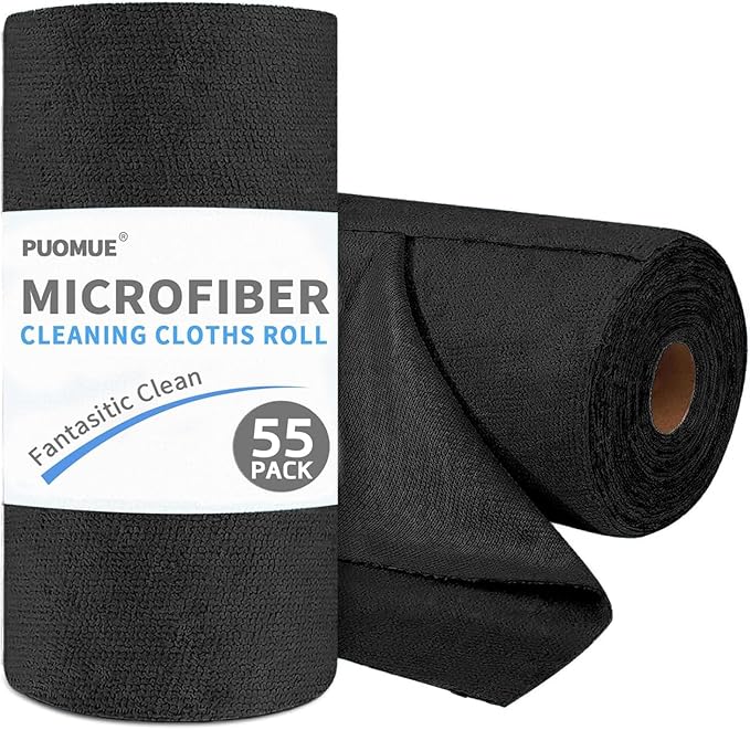 Puomue 55 Pack Microfiber Cleaning Cloth Roll, Tear Away Reusable Towels, 11" X 9", Ultra Absorbent & Lint Free Microfiber Cloth for Cleaning Cars, Kitchen, Window, Home and Shop, Black