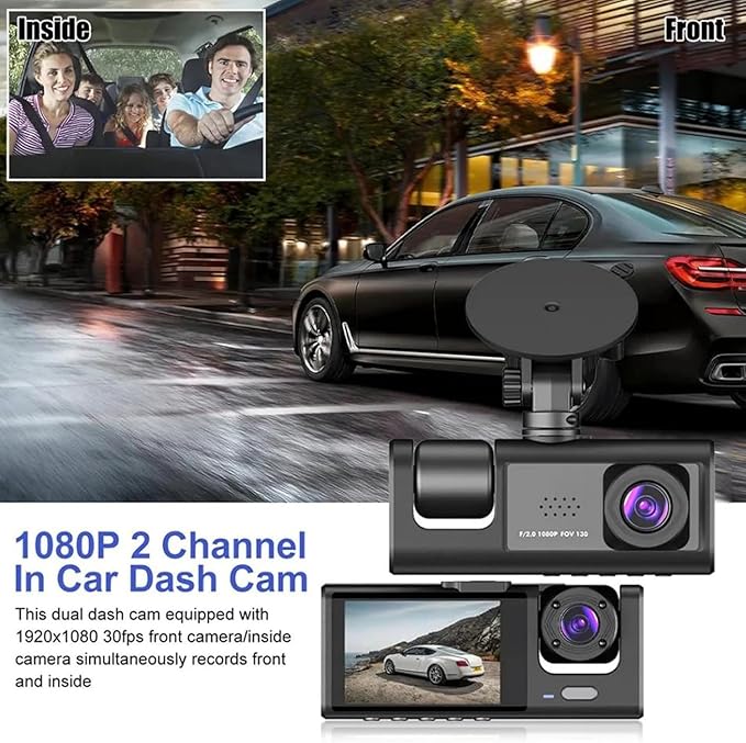 Dual Dash Camera for Car Front and Inside Dash Cam Car Security Video Recorder with Audio 1080P Vehicle Cam Plug and Play, WDR, Night Vision, G-Sensor Auto Lock, 2 Inch Screen