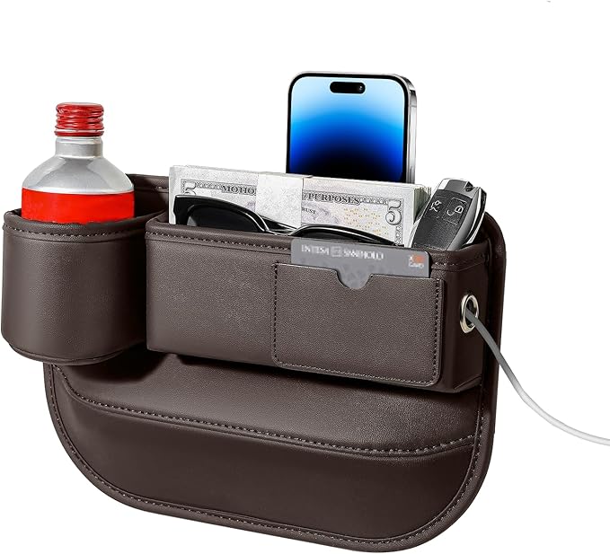 Car Seat Gap Filler Organizer with Cup Holder, Universal Fit Soft Leather Car Box Storage, Automotive Car Accessories Necessities for Phones Keys Sunglasses Cards (1 Pack brown)
