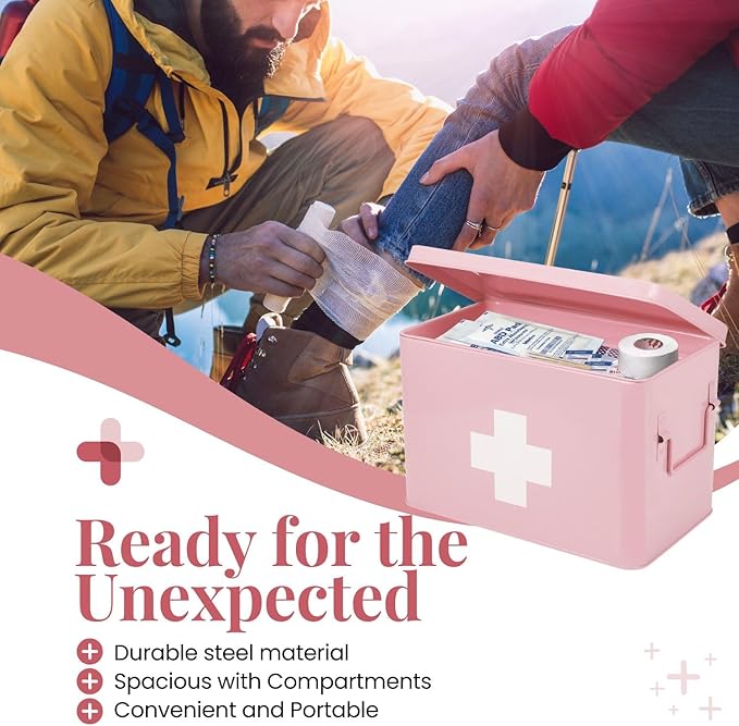 Flexzion First Aid Box Organizer Empty 13" Pink Vintage First Aid Kit Tin Metal Medical Box - First Aid Storage Box Container Bins with Dividers, Removable Tray and White Cross Logo