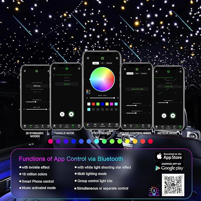 36W 4-Color Twinkle&RGBW Meteor Starlight Headliner Kit, 2-in-1 Fiber Optic Light Engine with APP Control, 800pcs0.03in9.8ft Shooting Star Ceiling Lights, Sound-Activated Star Sky Decor for Car&Home