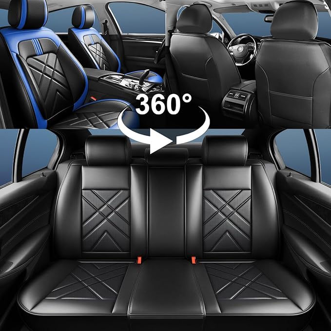 Car Seat Covers Fit for Mazda 3 2007-2026, Premium Leather, Full Coverage Leather Waterproof Breathable Seat Covers, Automotive Seat Protectors, Airbag Compatible(Full Set Seats, Black-Blue)