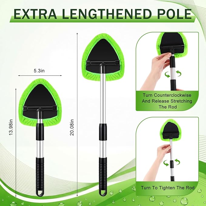 FoldTier 8 Pcs Car Windshield Cleaner Kits with Extendable Handle, 5 Microfiber Towel Pads, 1 Brush, 1 Empty Spray Bottle for Auto Glass Wiper Suvs Rvs & Home Windows (Green)