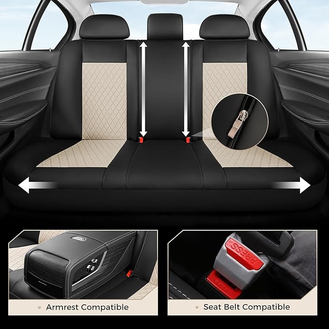 Coverado Front and Back Seat Covers, 5-Pack Universal Seat Covers for Cars, Leather & Fabric Splicing Design Car Seat Protectors, Waterproof Auto Seat Cushions Universal for Vehicles, Black & Beige