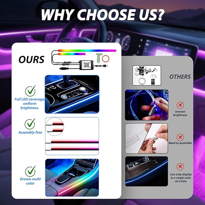 Car Led Strip Lights, Interior Car Lights, App and Remote Control Ambient Lighting Kit with RGB 16 Million Colors Fiber Optics&Music Sync Rhythm, USB Neon Light Accessories for Center Console&Door