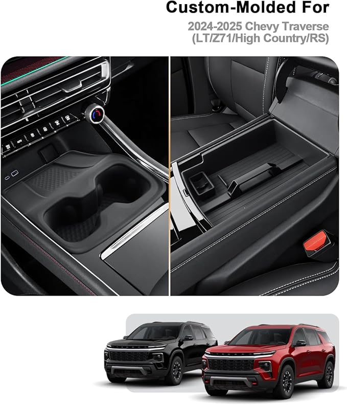 2026 Traverse Center Console Organizer - 2 Pcs Center Console Organizer Tray With Center Handle + Integrated Molding Silicone Cup Holder With Charging Pad For 2024-2026 Chevy Traverse Accessories