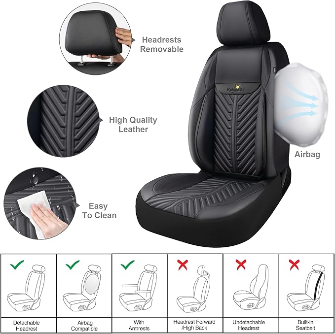 PU Leather Car Seat Covers Front Set – Waterproof seat Cover for Cars，3D Foam Support Automotive seat Covers ，Airbag Compatible, Universal Fit for Cars SUVs Trucks Sedans（Black）