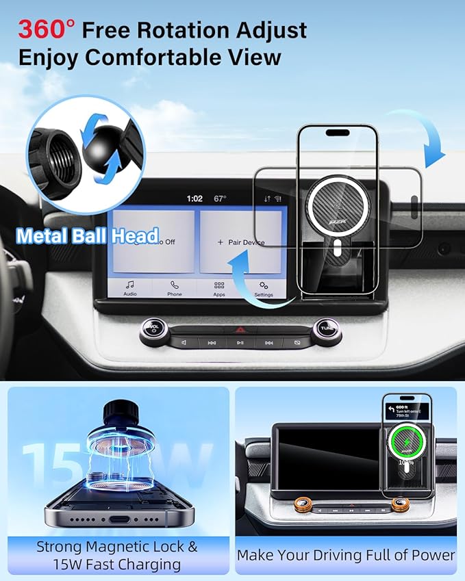 PZK Car Phone Holder for Ford Maverick 2022 2023 2024 Accessories with Strong Magnetic 15W Fast Wireless Charger Magsafe Car Phone Mount with Cubby Stroage Box Trunk Dash Mount 360° Rotation