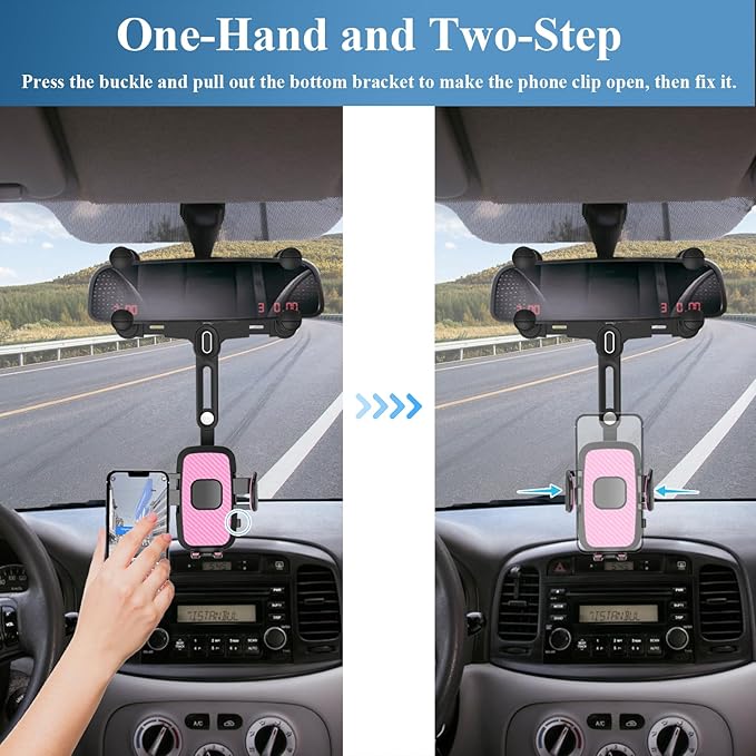 Phone Mount for Car, Rear View Mirror Phone Holder, Rotatable and Retractable Car Phone Holder Mount Rearview Mirror Phone Holder for Car Compatible with iPhone Samsung Cell Phones (Pink)