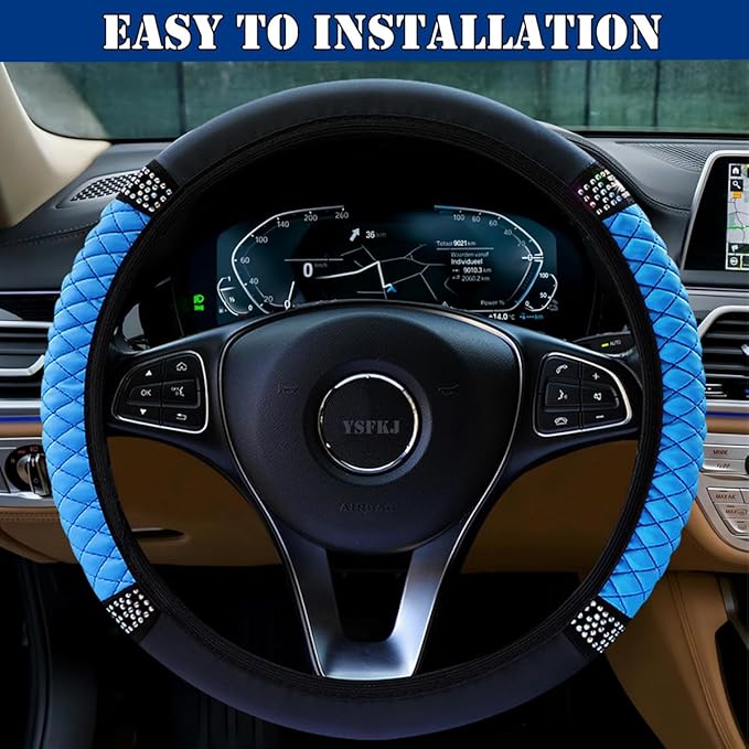 Soft Leather Car Steering Wheel Cover, Universal 15 Inch Colorful Rhinestones Anti-Slip Elastic Steering Wheel Covers for Most Cars, Sparkly Crystal Diamond for Women Girls (Blue)