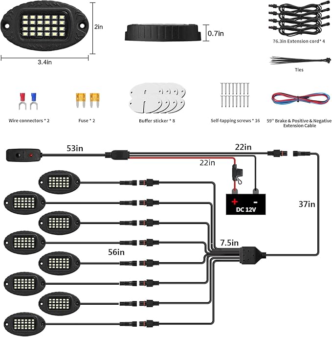 8 Pods Pure White LED Rock Lights, IP68 Waterproof Aluminum 6500K Bright White Underglow Light with Extension Cord Harness,12V Metal Fender Lights for Jeeps Trucks Off Road UTV ATV Car Golf SXS Etc